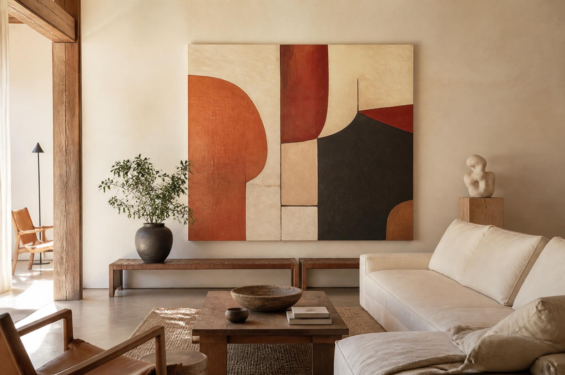 Pintura abstrata em tons terrosos em uma sala de estar